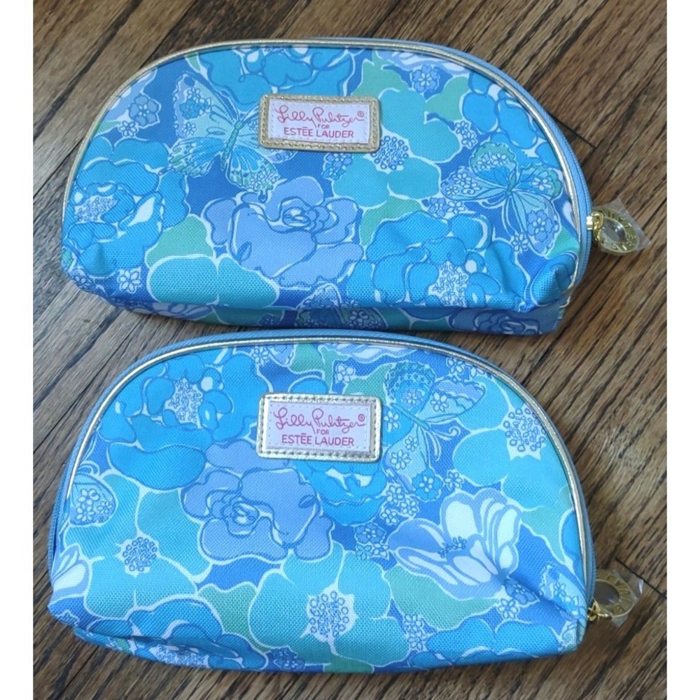 Lilly Pulitzer for Estee Lauder Cosmetic Bags Blue Floral Butterfly NWOT